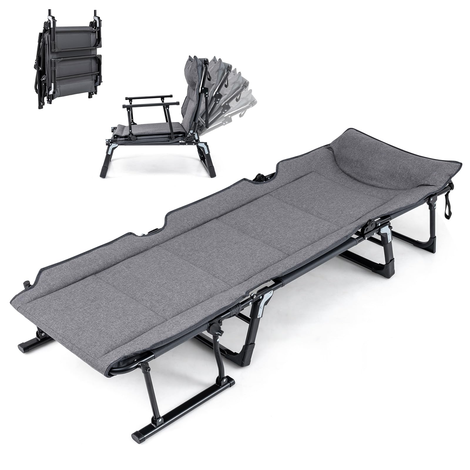 COSTWAY 3 in 1 Folding Camping Cot, Comfy Padded Convertible Single Sofa Chair with 6-Position Adjustable Backrest and Headrest, Heavy Duty Metal Chaise Lounge Sleeper Bed (180 x 66.5 x 38 cm)