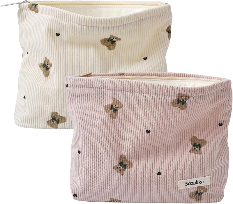 uekeboag 2 necessaires de maquiagem em veludo cotelê, bege e rosa, com zíper e estampa de urso