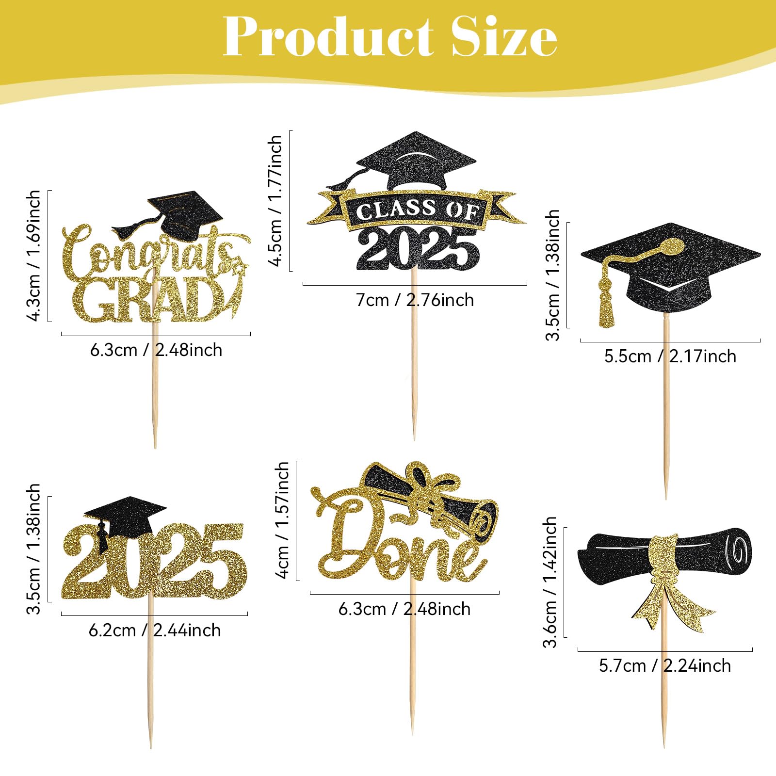 EMORBALS 36 Pcs Graduation Cupcake Toppers 2025, Class of 2025 Cupcake Toppers, Glitter Cake Toppers(Style-2)