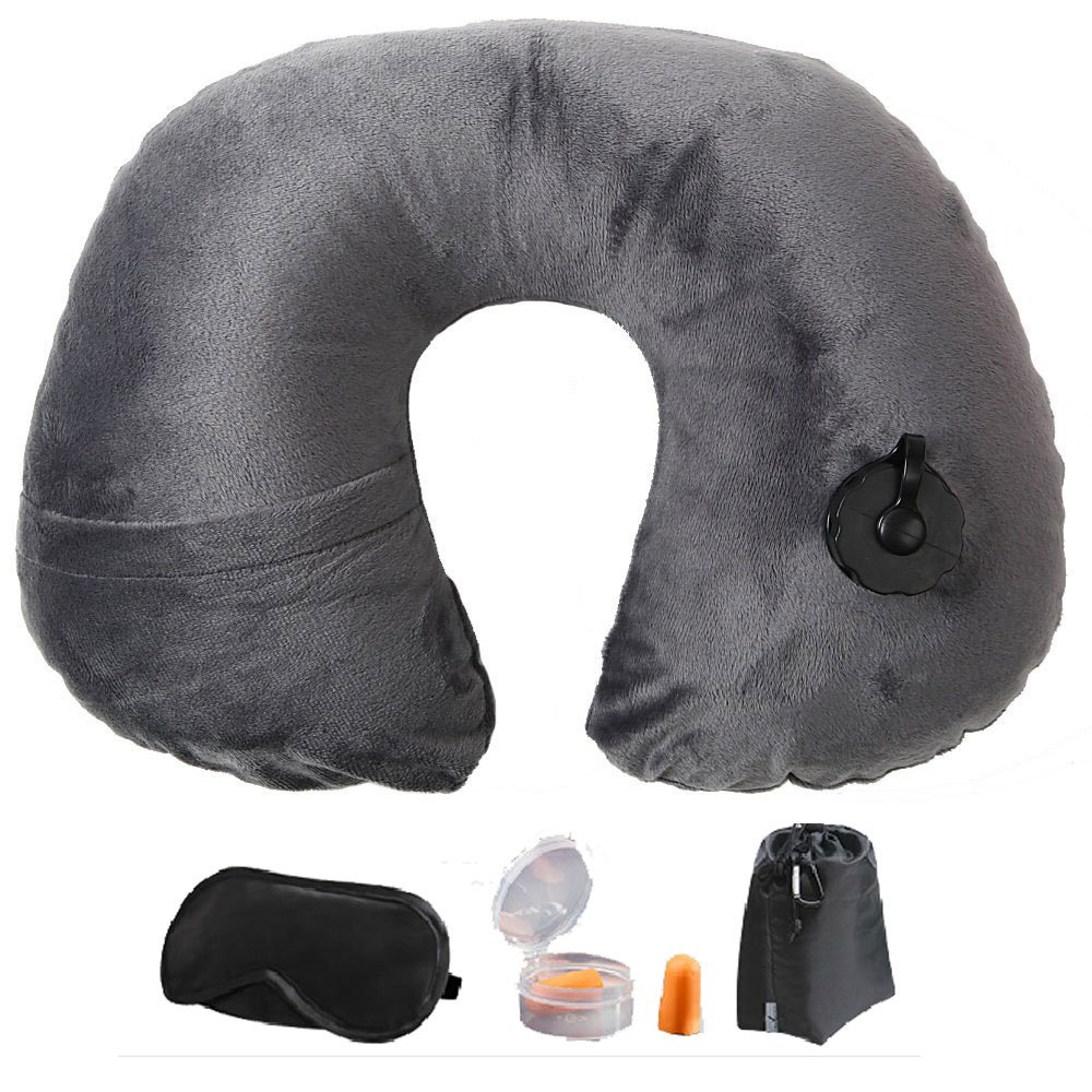 Aoming Lucear Inflatable Travel Pillow Set- Velvet Office Neck Pillow(Gray)