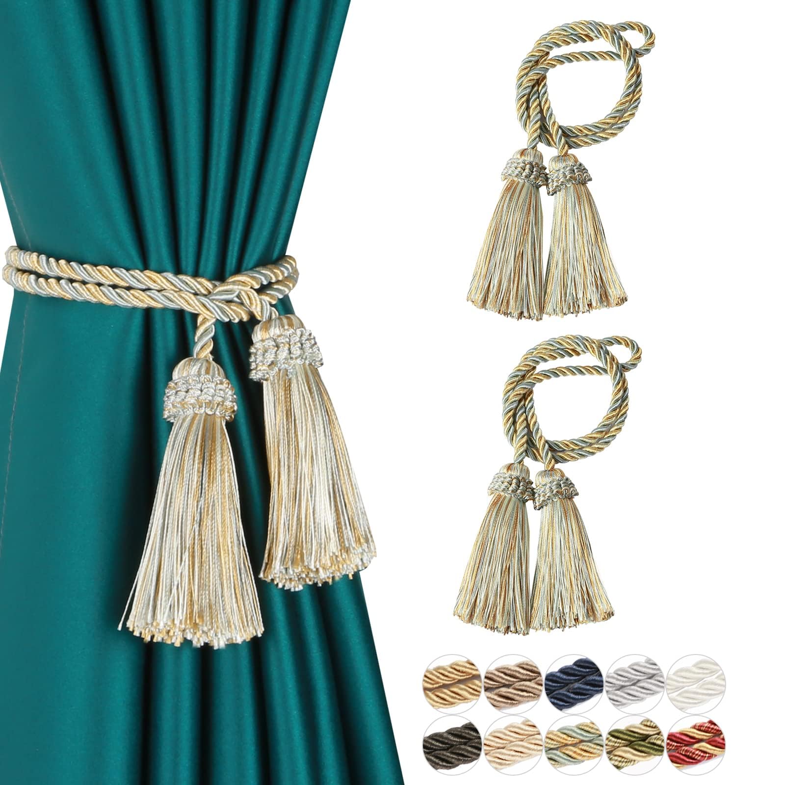 Fenghuangwu 2/4 Pack Curtain Tiebacks Handmade Decorative Curtain Holdbacks Rope with Tassel (Mix Blue - 2P)