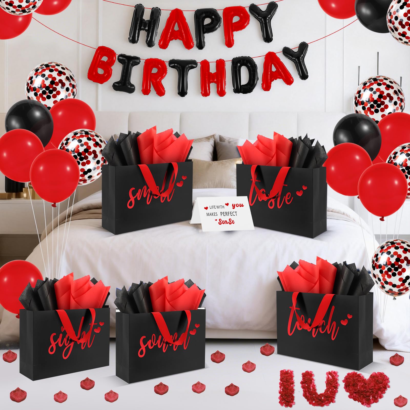 Addblu 5 Senses Gift Bags for Him with Labels Tissue Paper And Handles, 12.6"X8.7"X4" Includes Birthday Decoration Banner, Balloons, Rose Petals & Cards for Him or Her, Husband or Boyfriend (Black with red lettering)