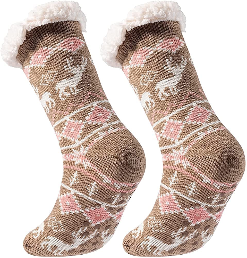 Women Men Sherpa Lining Fuzzy Slipper Socks, Winter Crochet Christmas Thermal Slipper Sock with Silicone Grippers- Beige (Pack of 1 Free Size)-image-47