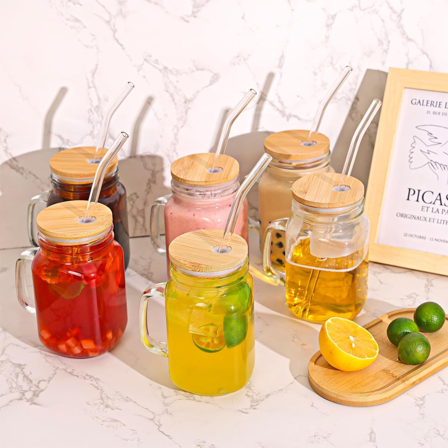 Mason Jar Drinking Glasses Set - 4 with Straws & Lids -6