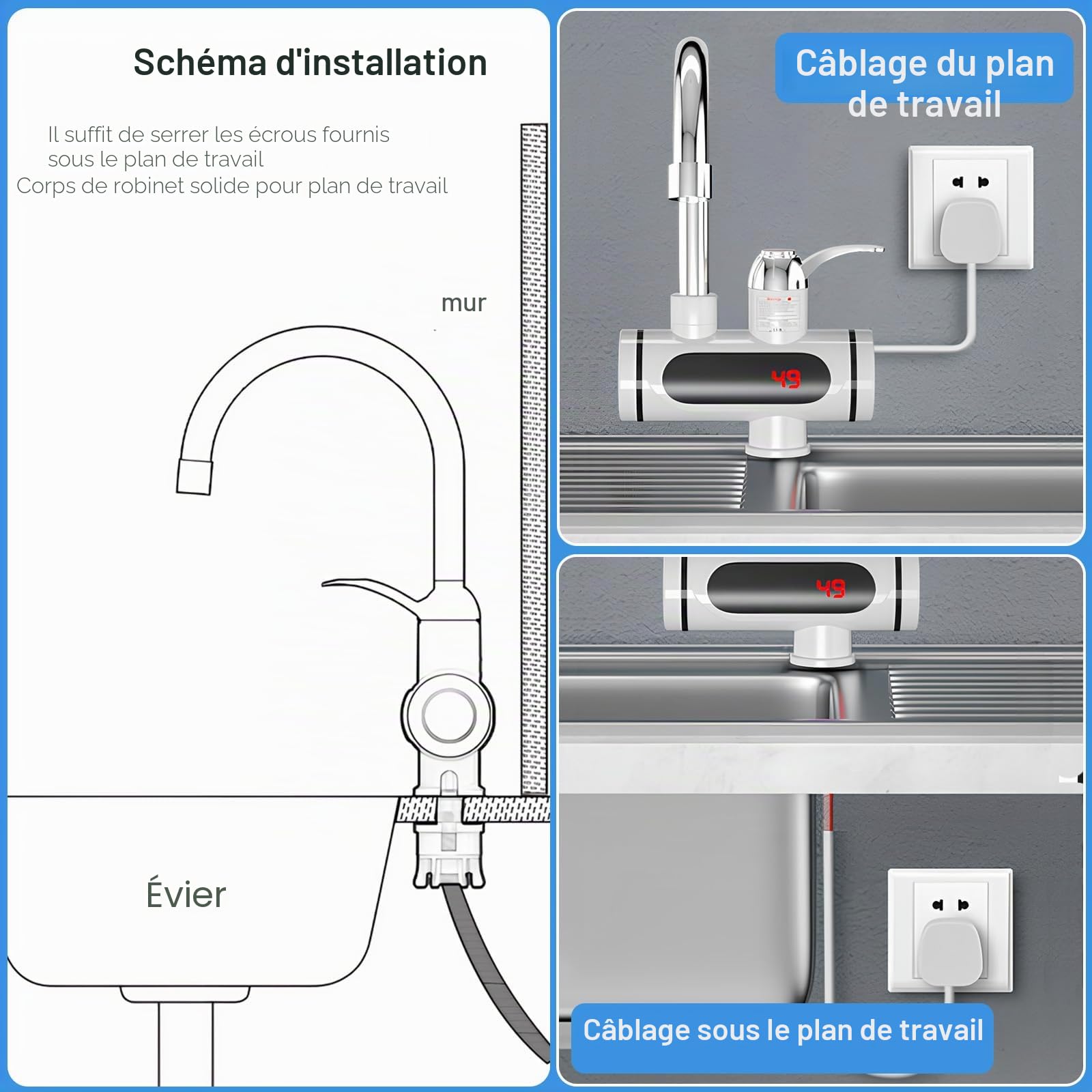 Robinet d'eau chaude instantané 230 V, 3000 W, chauffe-eau électrique avec affichage numérique LED, robinet chauffant électrique rotatif à 360° en acier inoxydable pour cuisine, salle de bain et