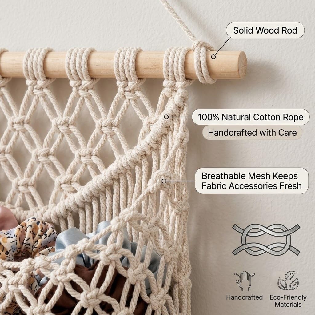 2 Pack Macrame Hair Claw Clip Organizer, Large Capacity Boho Hanging Storage for Scrunchies Hair Ties, Natural Cotton Rope Wall Door Decor for Women Girls