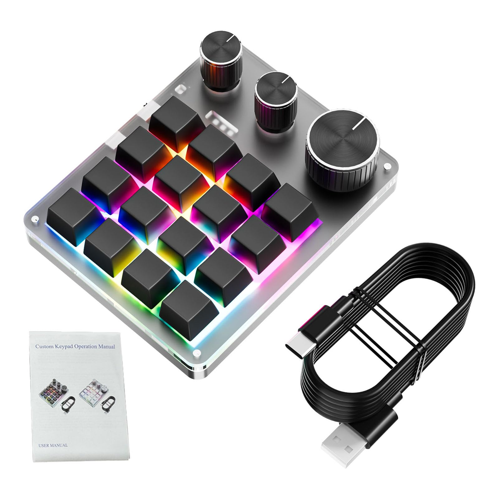 Tosuny Tastiera Macro Programmabile, Tastiera da Gioco Bluetooth a 16 Tasti con 3 Manopole e Controller del Volume, Macro OSU Retroilluminata a LED RGB per Wins, OS X (con (BLACK)