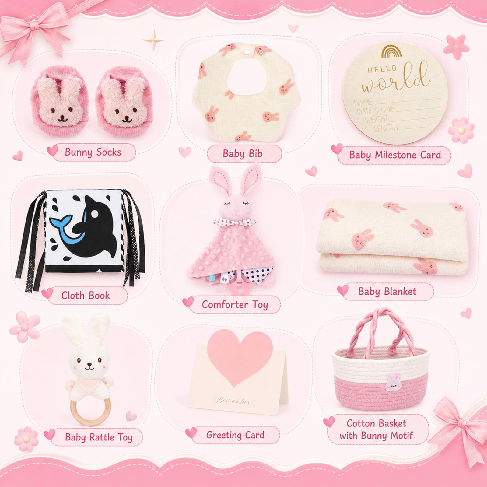 Regalo para recién nacido, set de regalo de nacimiento 9 en 1 para niña