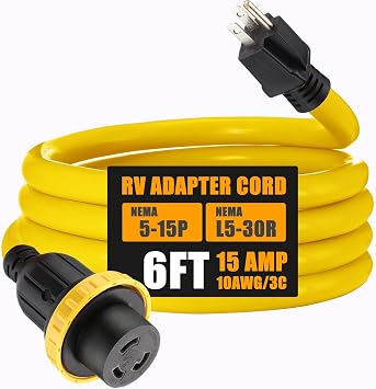 Kanayu 30 Amp to 15 Amp 110 Volt RV Adapter Cord NEMA 5-15P to L5-30R, 3 Prong Locking Power Adapter 15A Household Male to 30A RV Female for Trailer Camper(6ft)