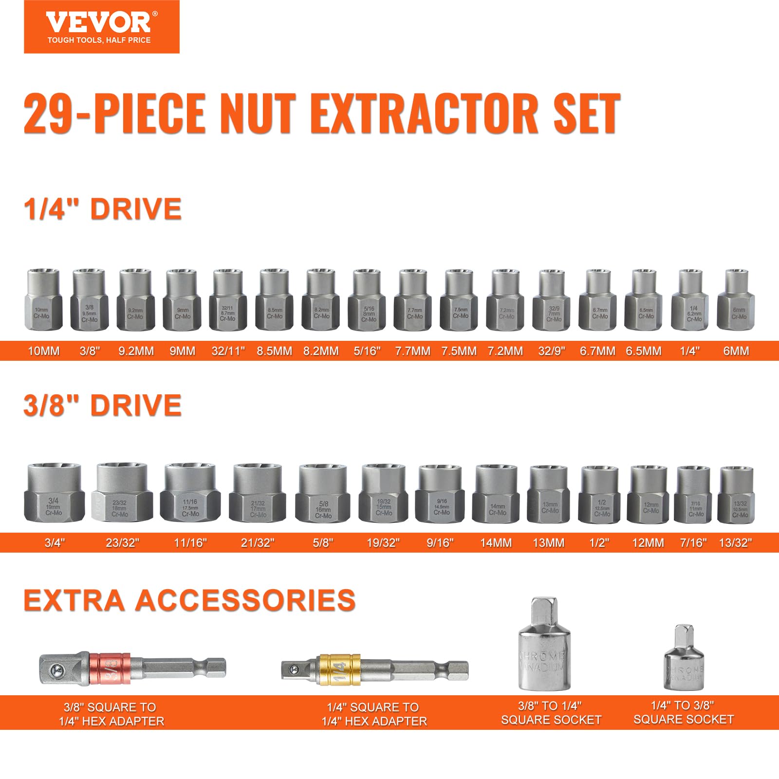VEVOR Bolt Extractor Set, 32-Piece Bolt and Nut Remover Set, 6mm to 10mm, 13/32