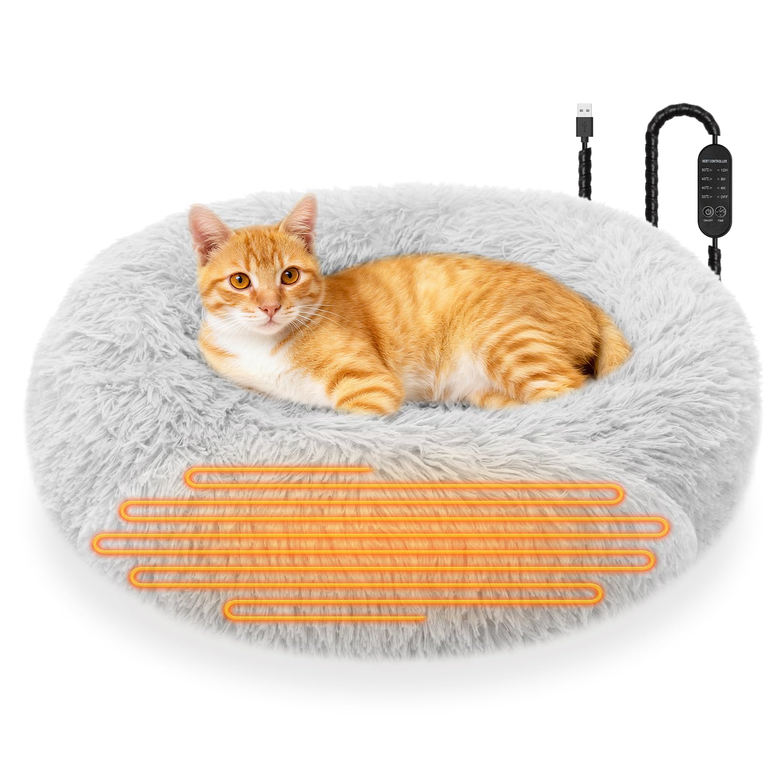 heated cat beds for indoor cats and small dogs, 24'' heated pet bed with timer and temp adjustable, cozy fluffy round calming pet beds removable washable cover usb electric warm cat bed- light gray