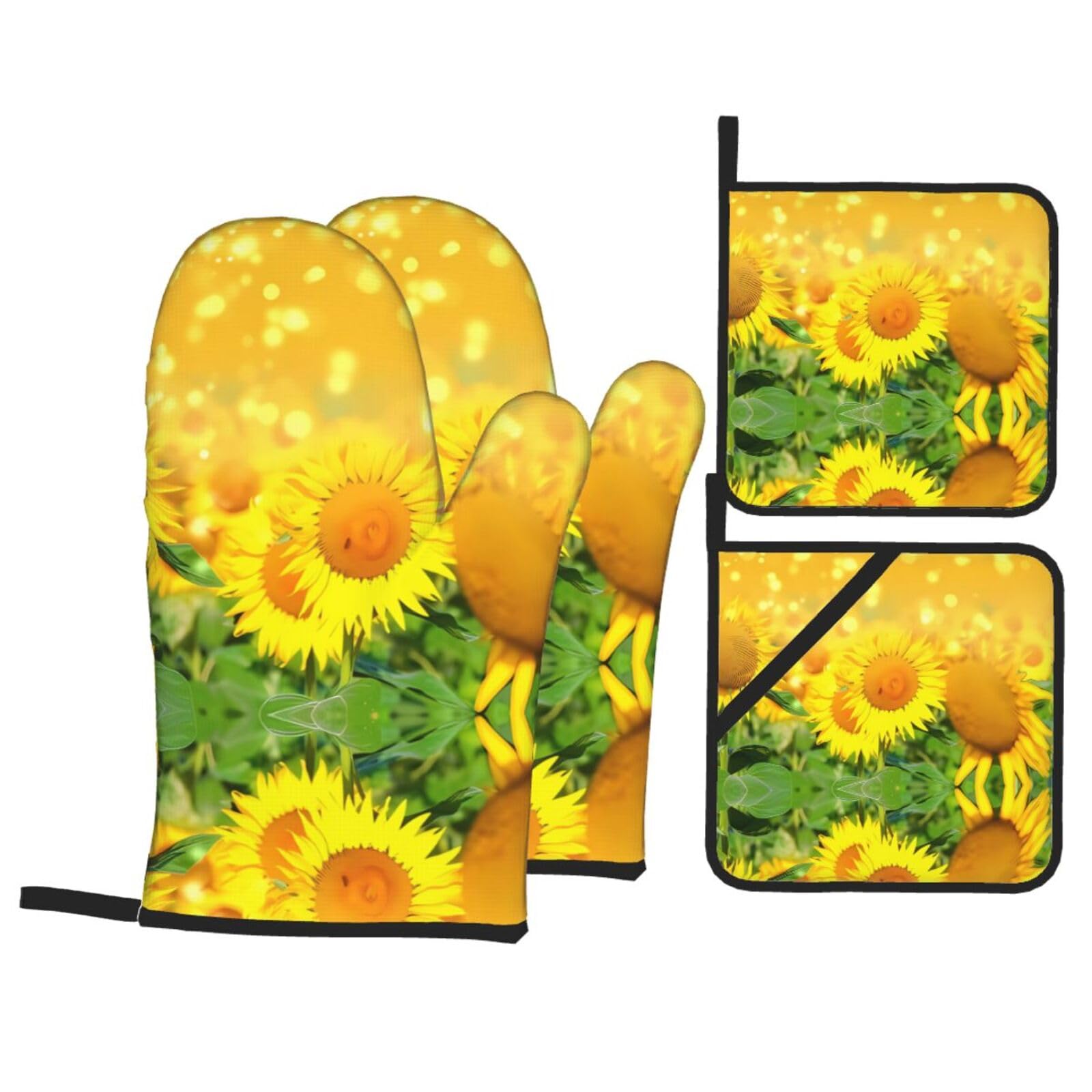 HJFCZH Sunflower Field Prints Kitchen Covers: Waterproof Oven Layers for Safe Cooking & Easy Cleanup - 4 Piece Heat Protection Set