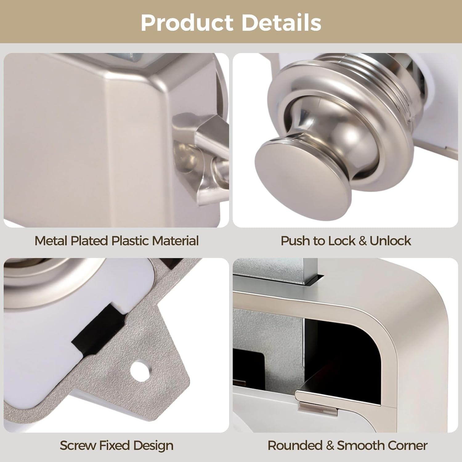 Metal Plated Plastic Push Button Latches 6 Sets, Keyless Push Locks For Drawers, Rv Motorhome Cabinet Door Catch Set With Strike Plates & Screws