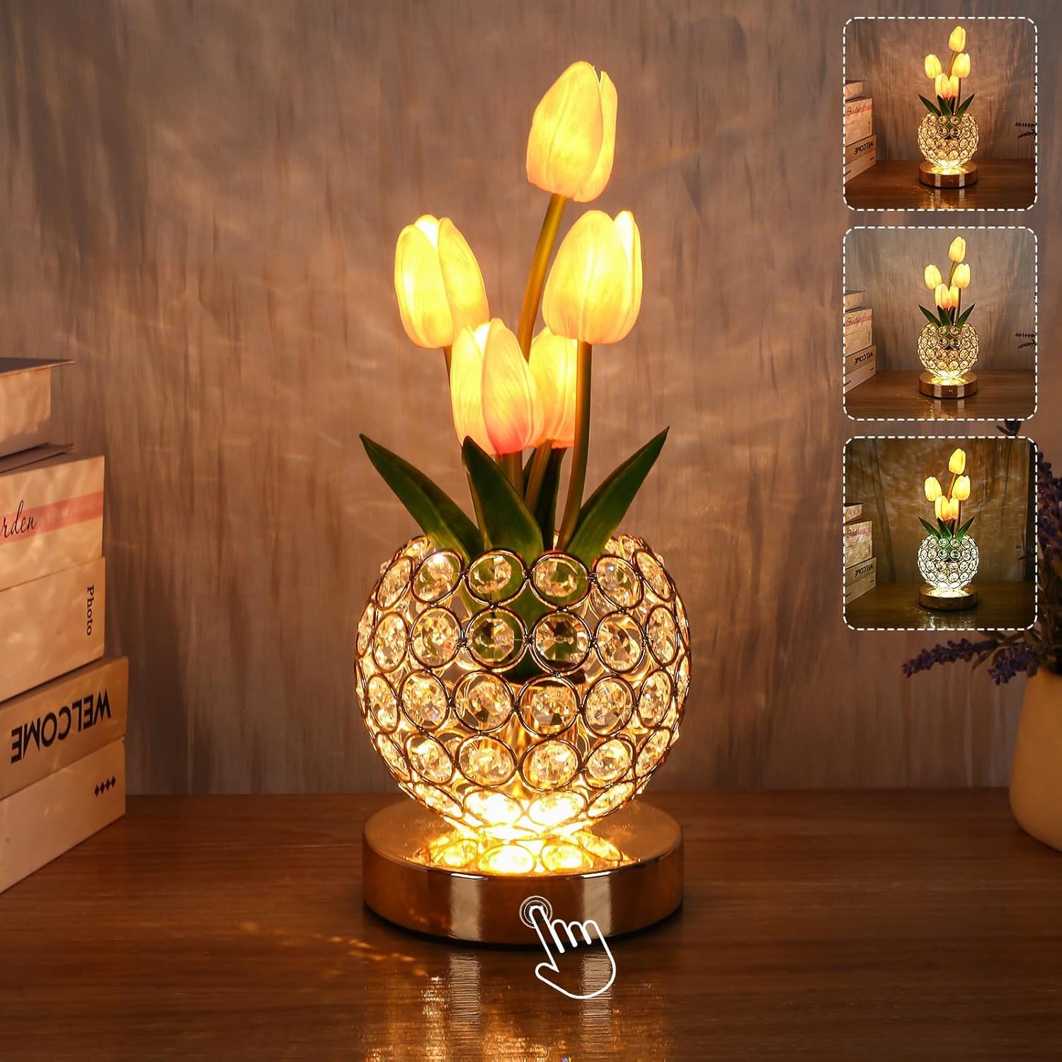 Cadeaux d'anniversaire pour femme - Lampe de table à batterie - 3 couleurs - Fleur de cristal - Intensité variable à l'infini - Avec charge USB - Petite veilleuse - Lampe de chevet tactile pour