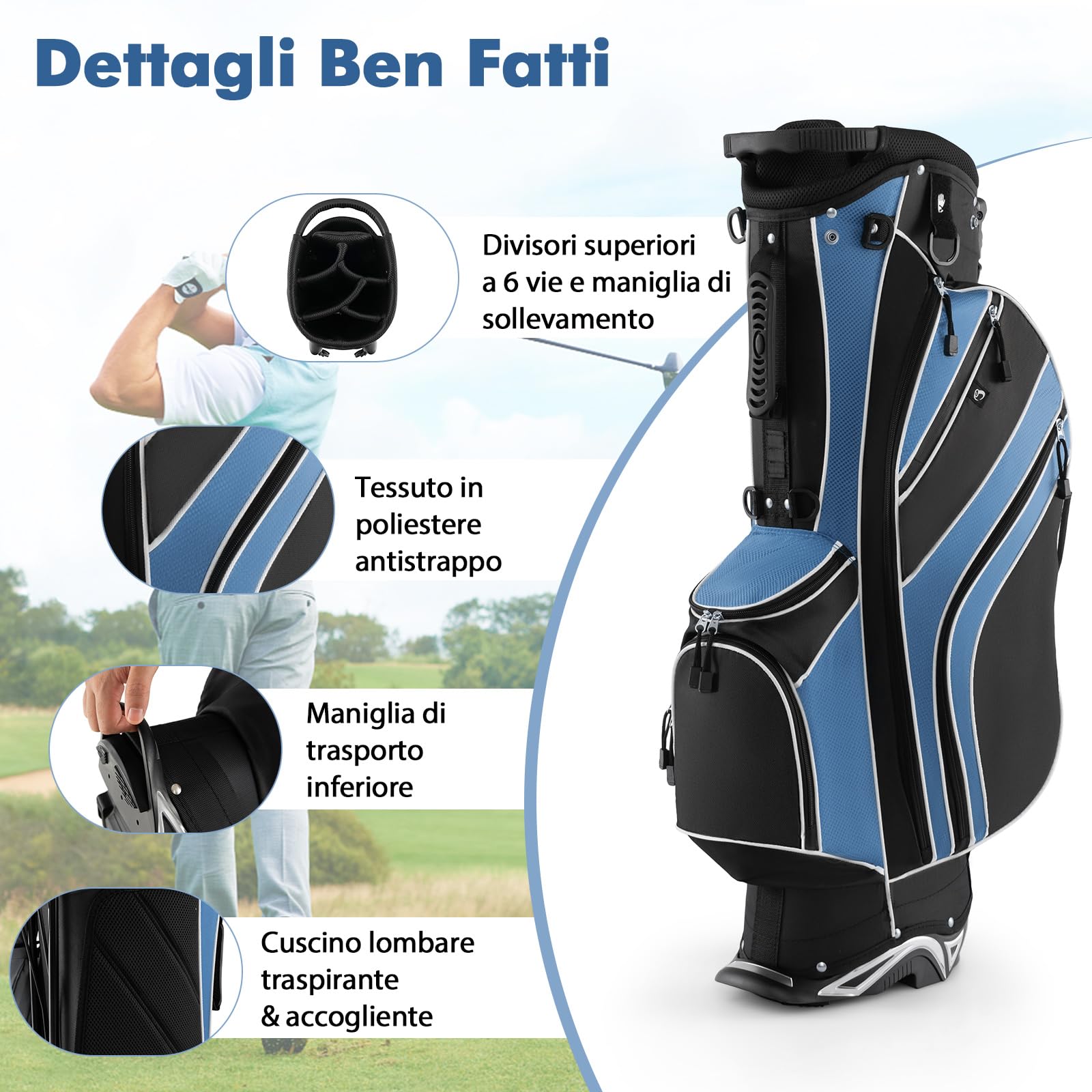 COSTWAY Borsa da Golf con Supporto, Sacca per Mazze da Golf con 6 Divisori, 7 Tasche con Cerniera Incluse Borsa Termica, Portaombrelli, Borsa da Golf Leggera e Portatile con Tracolla (Blu)