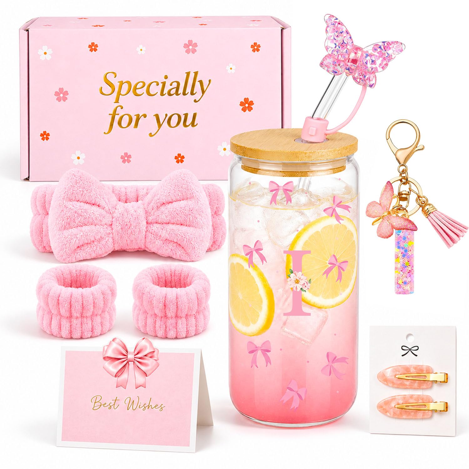 TUZELIYA A-Z Personalised Initial Gifts for Girls, Pink Birthday Gift Set for Teen Girls, Letter Glass Tumbler Gift Set with Bow Headband, Best Friend, Daughter, Sister, Niece, I ﻿