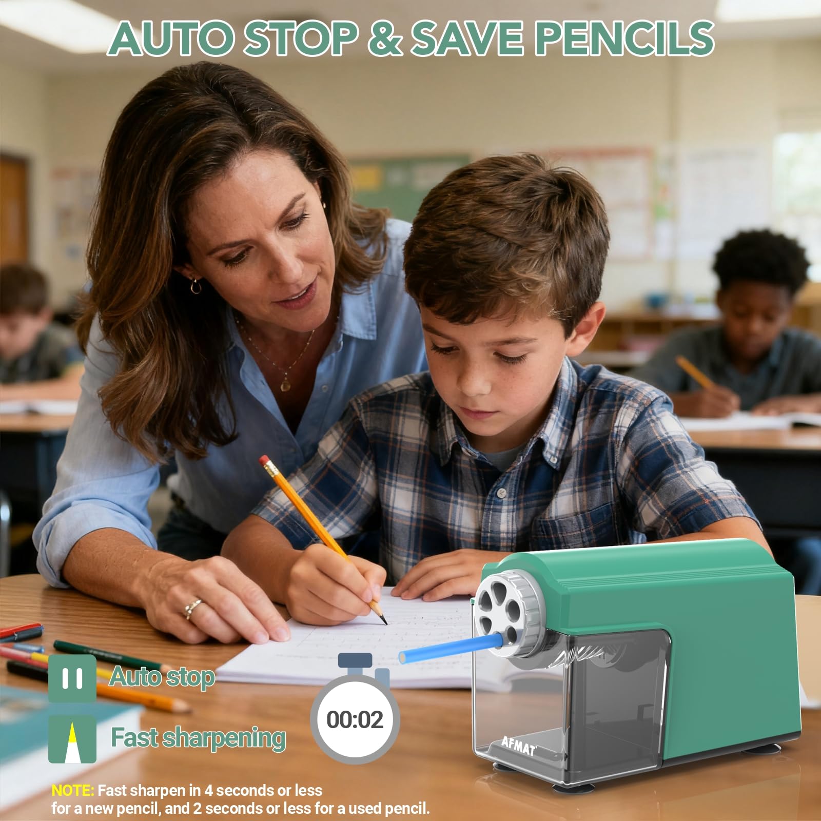 AFMAT Temperamatite Elettrico, Temperamatite a Grande Capacità Con Contenitore Con 6 Fori per Matite Da 6-11mm, Ricaricabile, Robusto, Elettrico per Aule, Ufficio, Scuola, Artisti, Verde