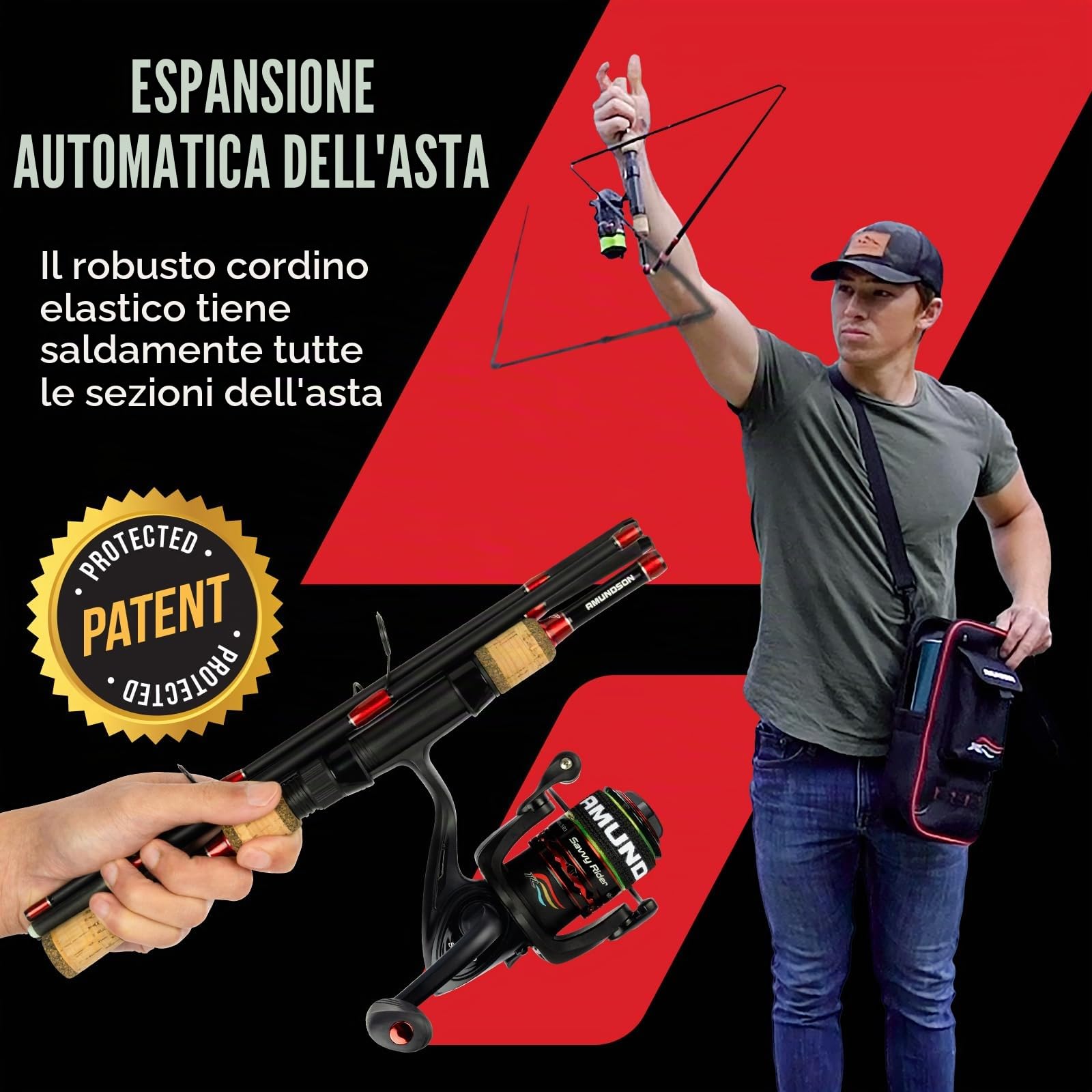 Amundson - Canna da pesca e mulinello ad espansione automatica, in grafite e carbonio, bobina in alluminio, kit portatile da viaggio e campeggio, per tutte le stagioni, esche da pesca per principianti