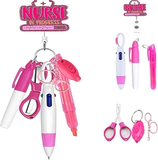 Nurse Pen Set, Retractable Badge Reels ID Clip with Ballpoint Pens, Highlighters, Permanent Markers Accessories for Nursing Nurses Student Gifts 7PCS