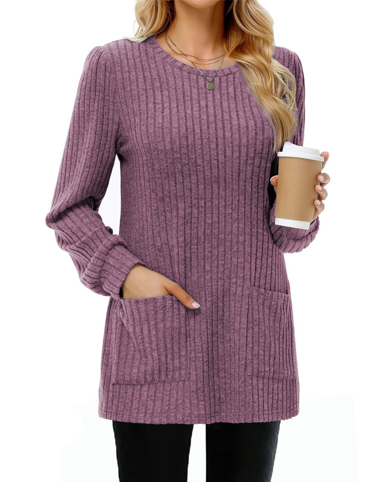 Tanmolo Damen Leichte Pullover Casual Rundhals Langarm Shirts mit Taschen Strickpullover Herbst Tunika Winter Oberteile