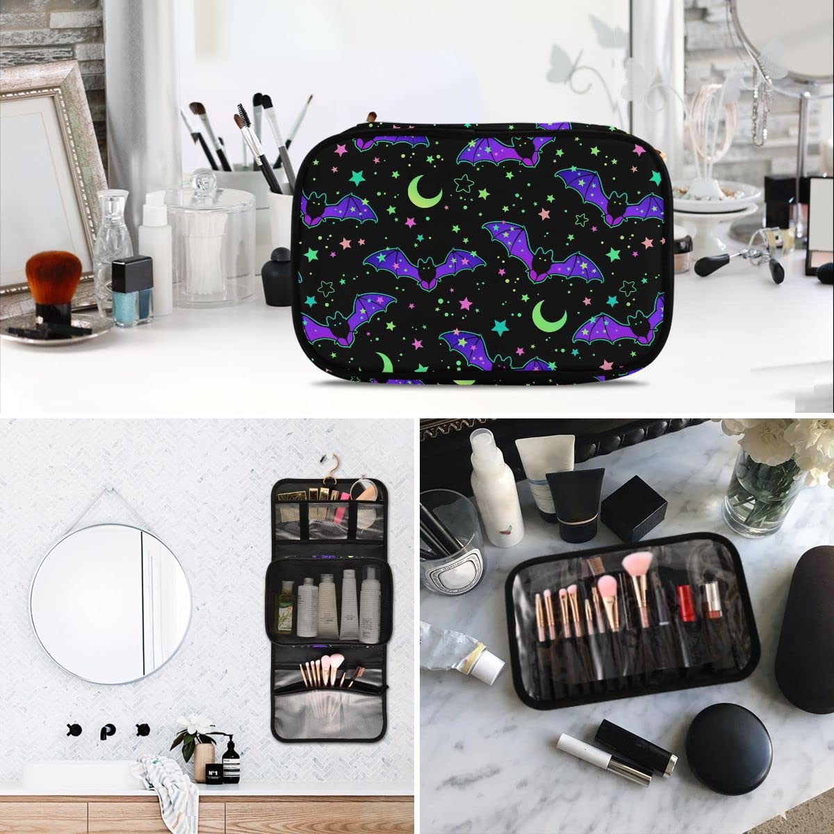 MNSRUU Gothic Toiletry Bags for Traveling, Magic Galaxy Bat Women Makeup Bag Hanging Toiletry Bag Cosmetic Bag 3 Pack Portable Clear Toiletry Kit Makeup Brush Bag Organization and Storage