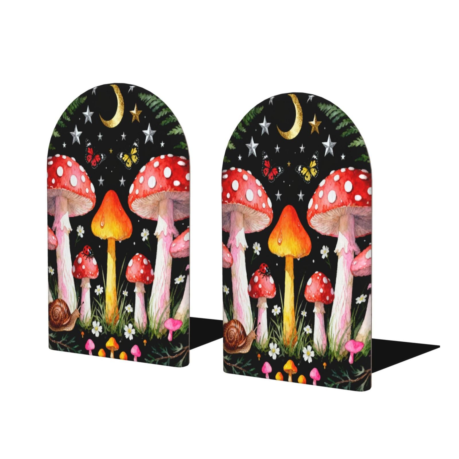 Wood Bookends for Shelves, Mushroom Night Garden Decorative Non-Slip Book Stands/Holder/Stopper for Office Home Decor, Aesthetic Book Ends, Book Dividers, Desk Organizers