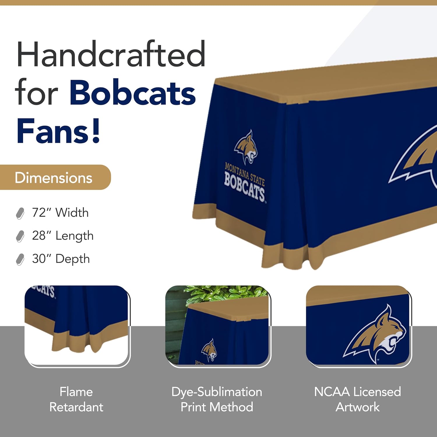 Montana State Bobcats College Sports Printed Table Throw - NCAA Licensed - Polyester - School Tablecloth (Blue, Gold, White) (6' Draped)