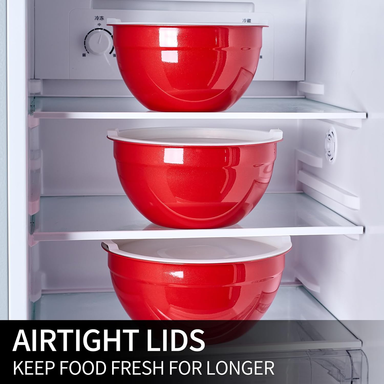 Red Mixing Bowls with Lids Set of 7, Stainless Steel Nesting Bowl with Khaki Lid for Non-slip Mixing Prepping Storing Serving, 7 Sizes-7/3.6/2.7/2.1/1.5/1/0.8 QT