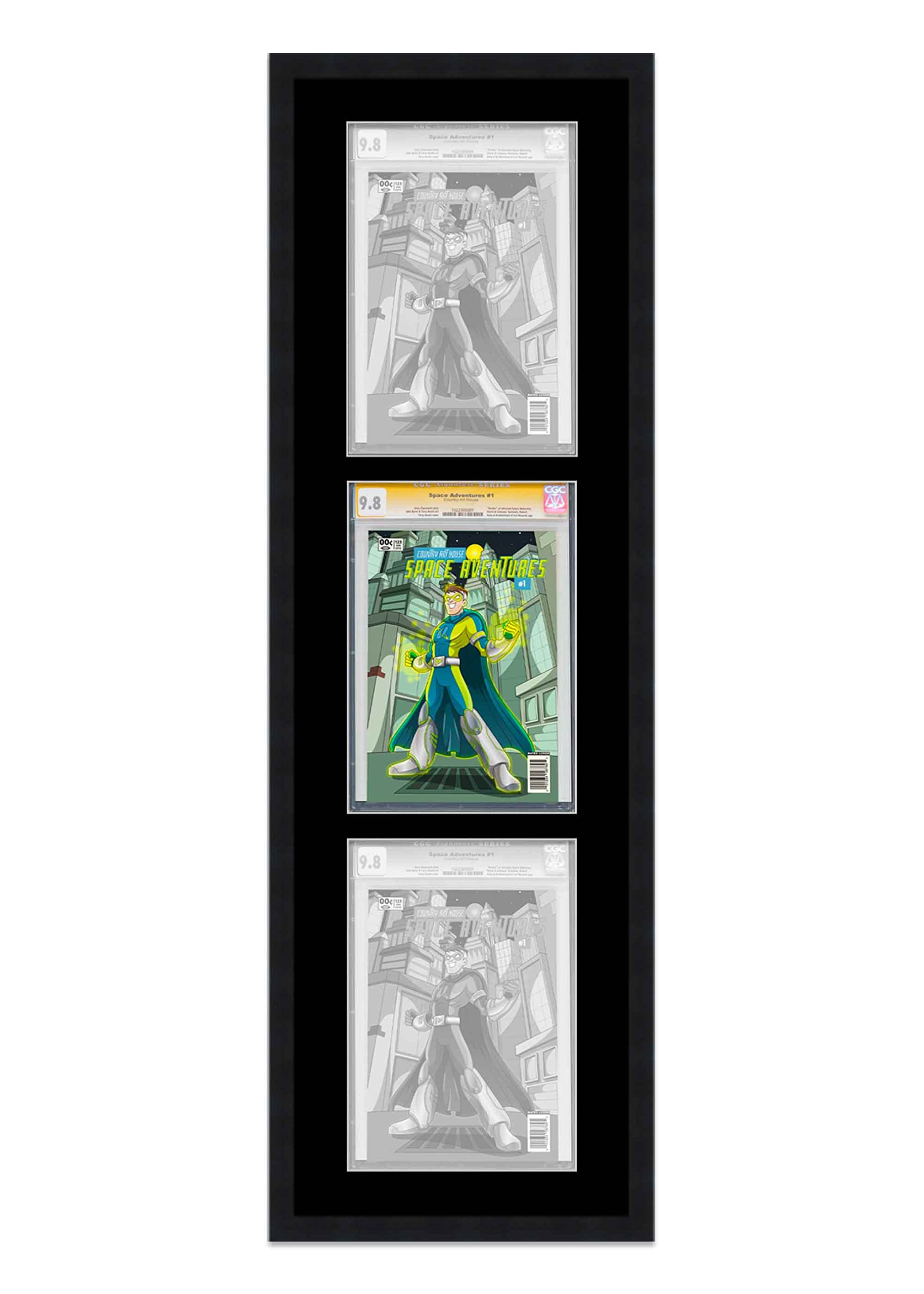 Comic Book Frame Black Wood with Black Mat - 3 Openings to Display (3) Graded Comic Books CGC, CBCS or PGX Vertically - with UV Resistant Acrylic, Backing & Hardware