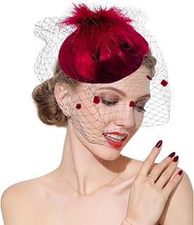 ﻿Fascinator Hats 20s 50s Derby Hat Pillbox for Women Tea Party Cocktail Hat with Feather mesh Veil for Wedding Church