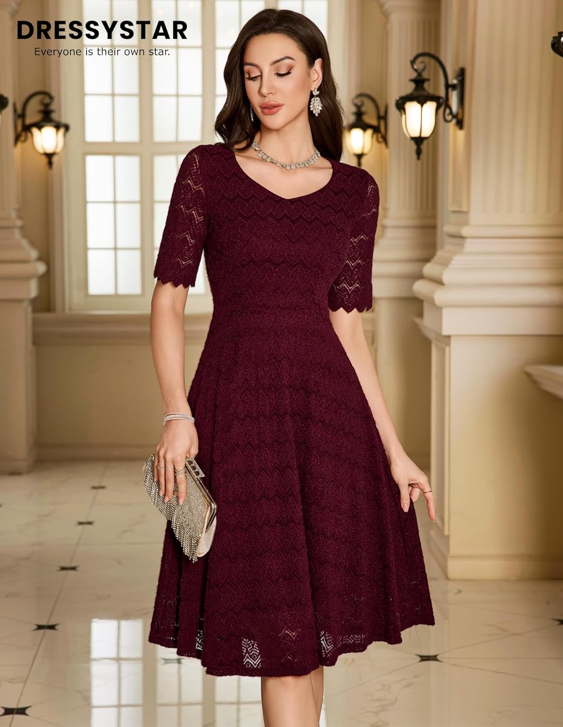 Dressystar Women's Short Sleeve Lace Wedding Guest Dress V Neck A Line Formal Cocktail Evening Party Dresses 2025 - Image 2