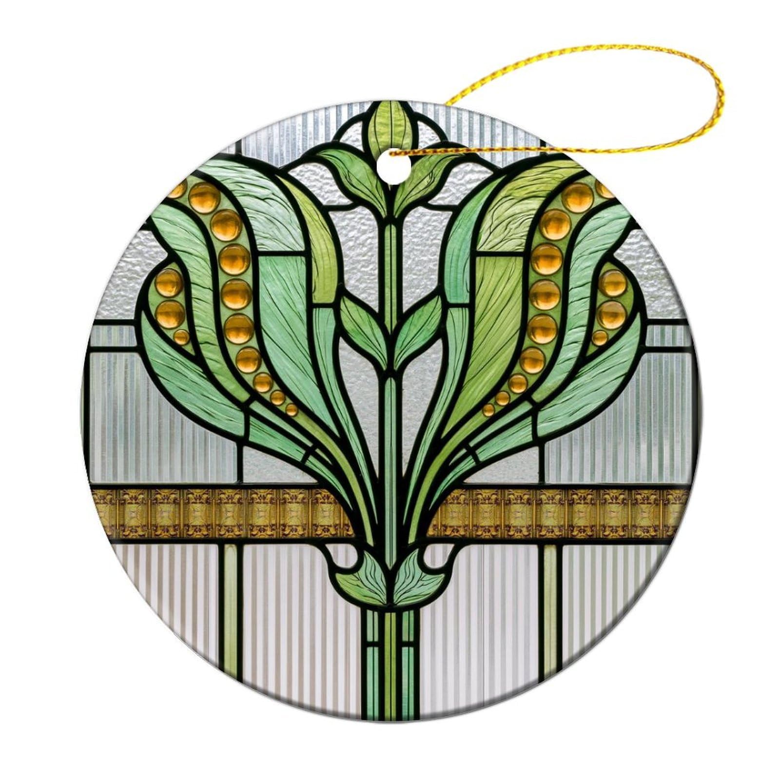 Stained Glass Panel Stylized Floral in Green Christmas Tree Hanging Ornaments,2 Pieces, 7.2CM Round Double-Sided
