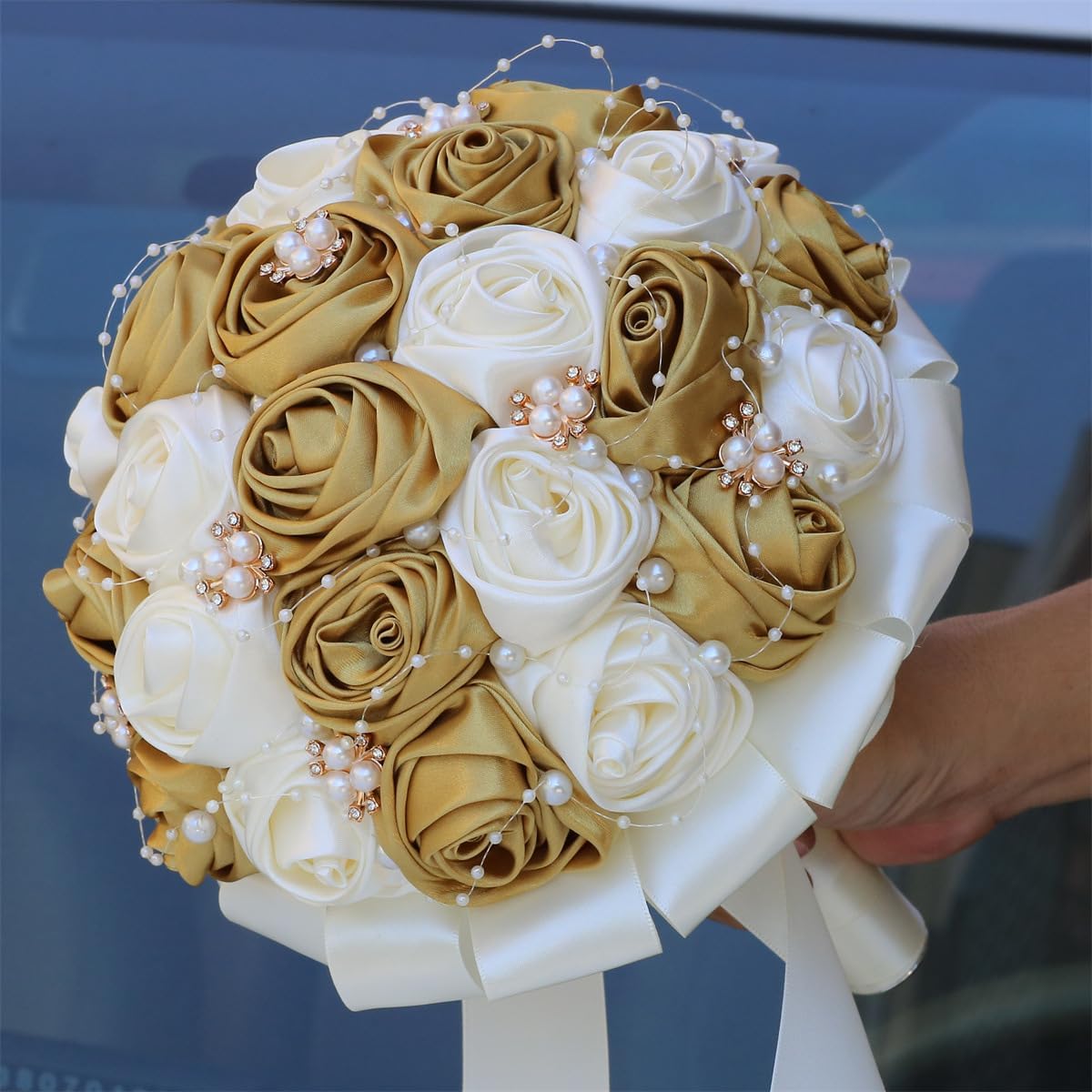 Handmade Rhinestone Brooch Satin Bridal Bouquet,7.5inch Crystal Wedding Round Tossing Bouquet,Artificial Flower Bunch with Diamond Pearl Ribbon Gold+Ivory