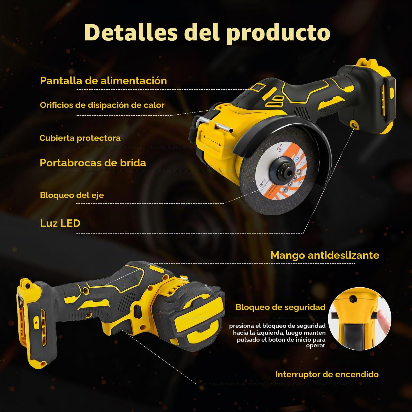 Amoladora angular inalámbrica para Dewalt 18/20 V, mini amoladora angular sin escobillas 20000 RPM 75 mm, herramienta de ángulo pequeño con 2 discos para cortar, pulir y esmerilar (para Dewalt)