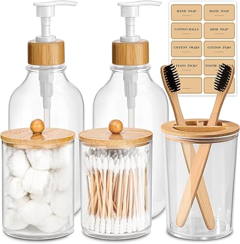 ALPIRIRAL Juego de accesorios de baño de bambú, 5 piezas, juegos de accesorios de baño bohemios completos, dispensador de jabón de baño transparente