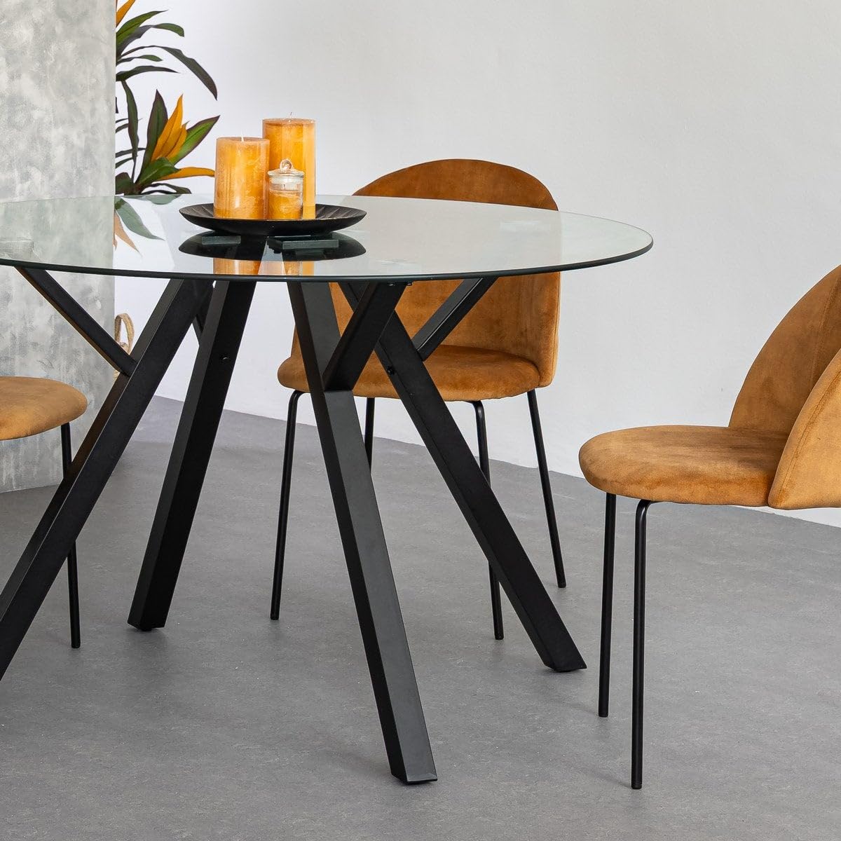 LOLAhome Mesa de Comedor Redonda Elsa para 6 Personas de 120 cm. Estructura Resistente de Metal Negro y Tablero de Cristal Templado. Diseño Ligero y contemporáneo.