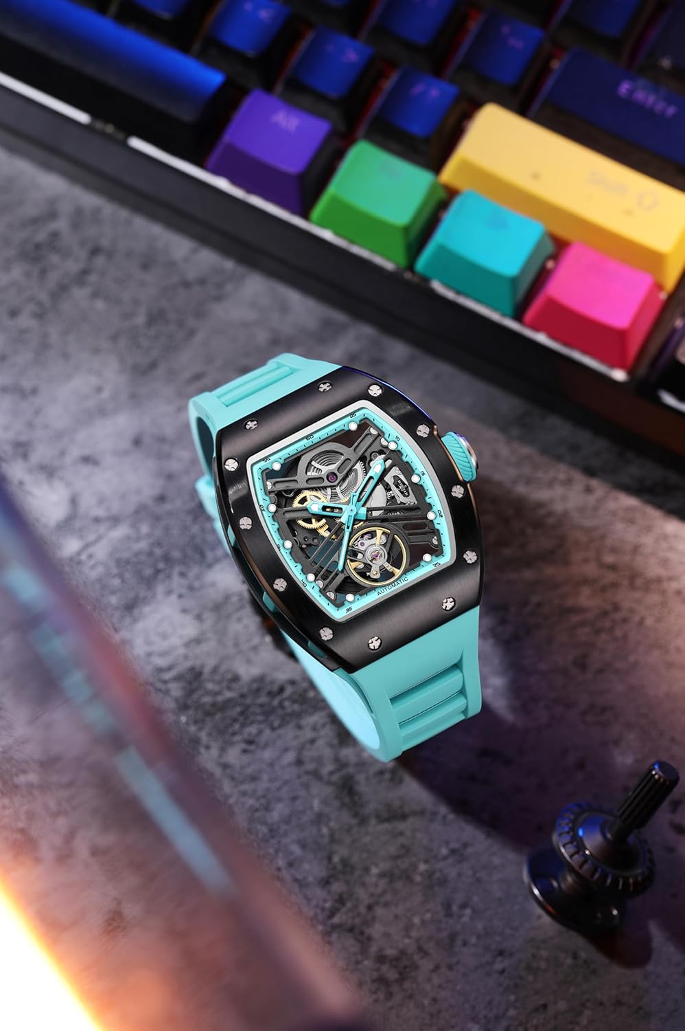 Men Watch Unique Durable Business Wrist Watches Waterproof Luminous Stainless Steel Case with Silicon Band Tonneau Automatic Watch for Men - Image 2