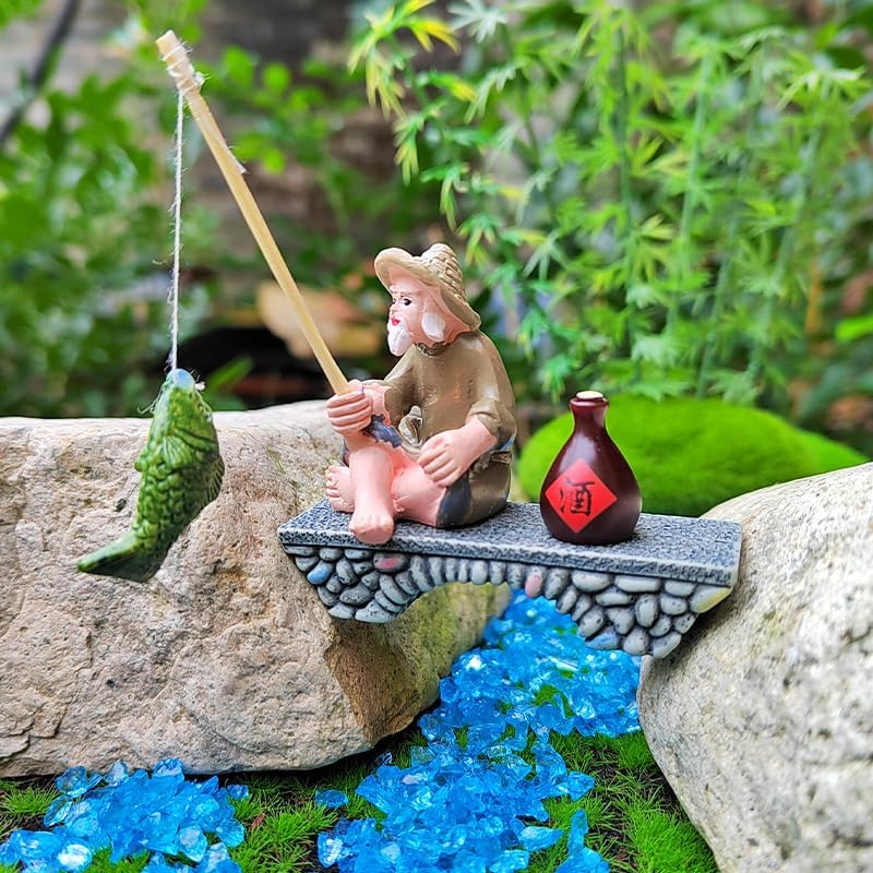 Miniatura 3 de Figura de pescador en miniatura, estatua de jardín sentado de lodo chino, decoración de adorno al aire libre