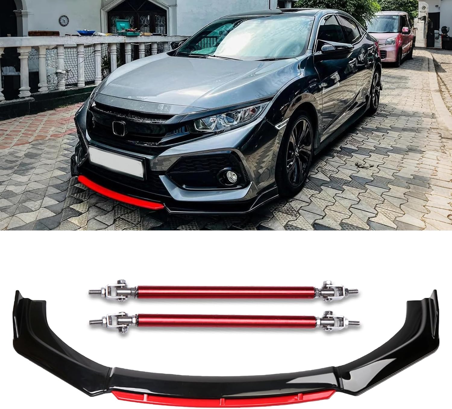 4PCS Universal Front Bumper Lip Chin Spoiler Splitter Diffuser Protector Guard Wing Body Kit Air Dams with 8"-11" Red Strut Rods Compatible with Honda Civic Accord Toyota Nissan Dodge Hyundai Mazda