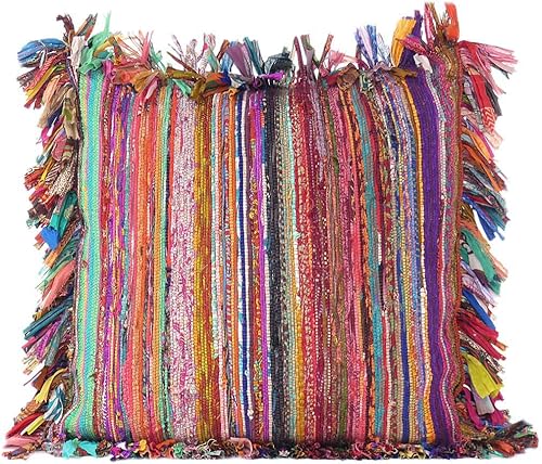 Miniatura 3 de MAM Treasures - Funda de almohada india, funda de cojín india, cojín bohemio, a rayas, tejida a mano, Chindi, funda de almohada para sofá (24 x 24