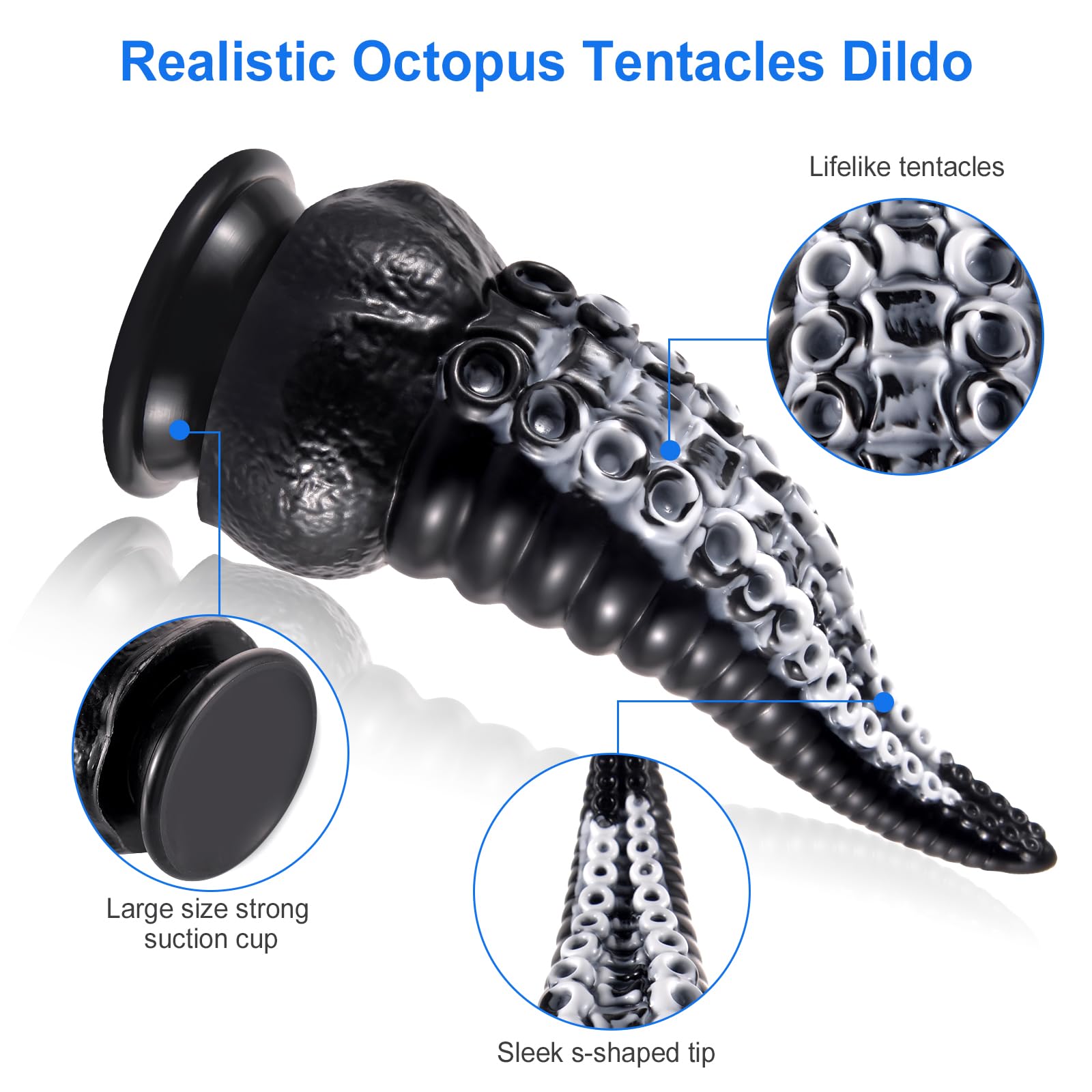 Tentacolo Dildo realistico in silicone con a forte ventosa per gioco a mani libere, 22cm Pene dildo anale Enorme, Grande Mostro Massaggiatore della prostata, Nero Bianco