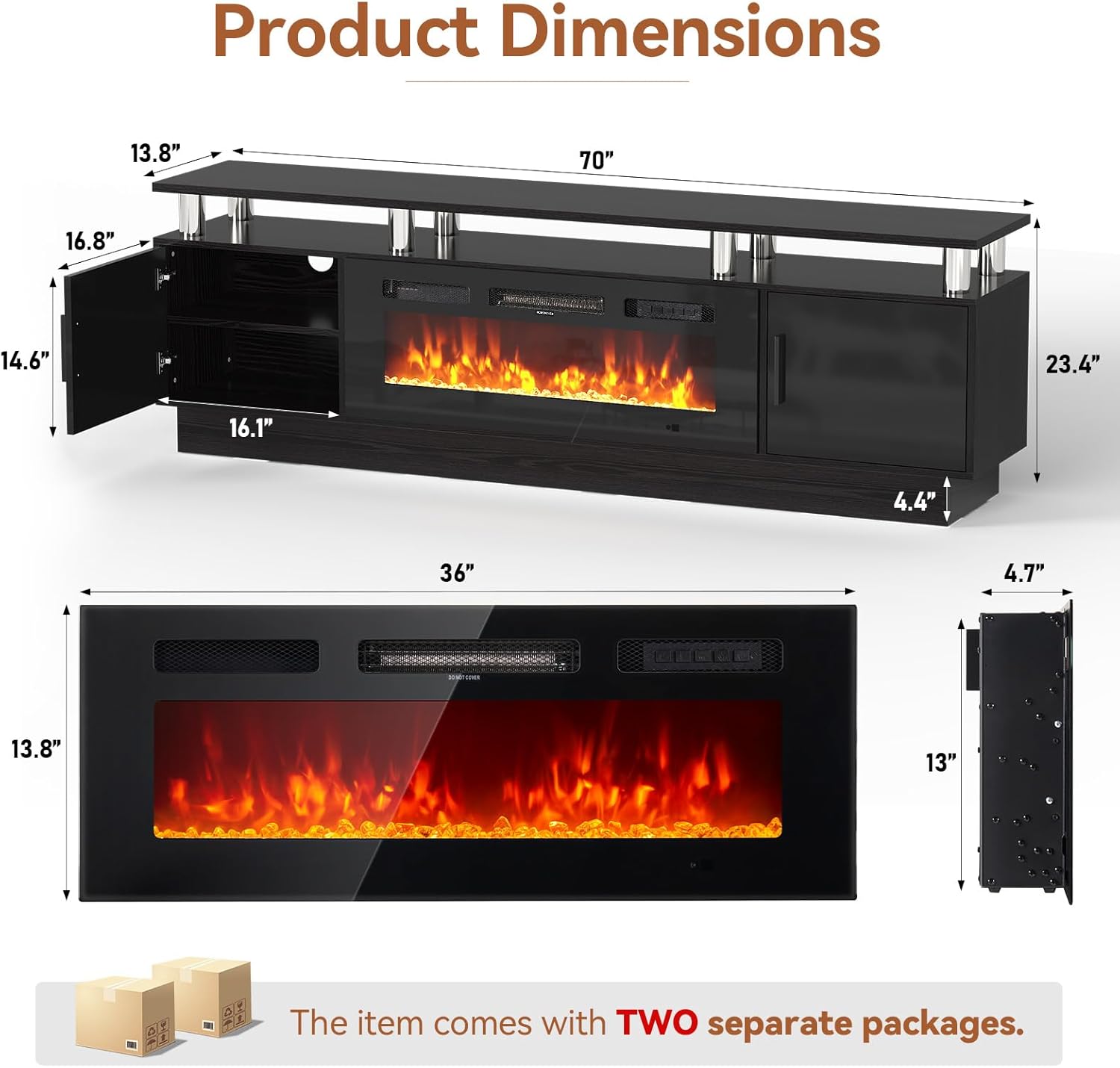 Diagram showing product dimensions and two boxes indicating the item ships in two separate packages.