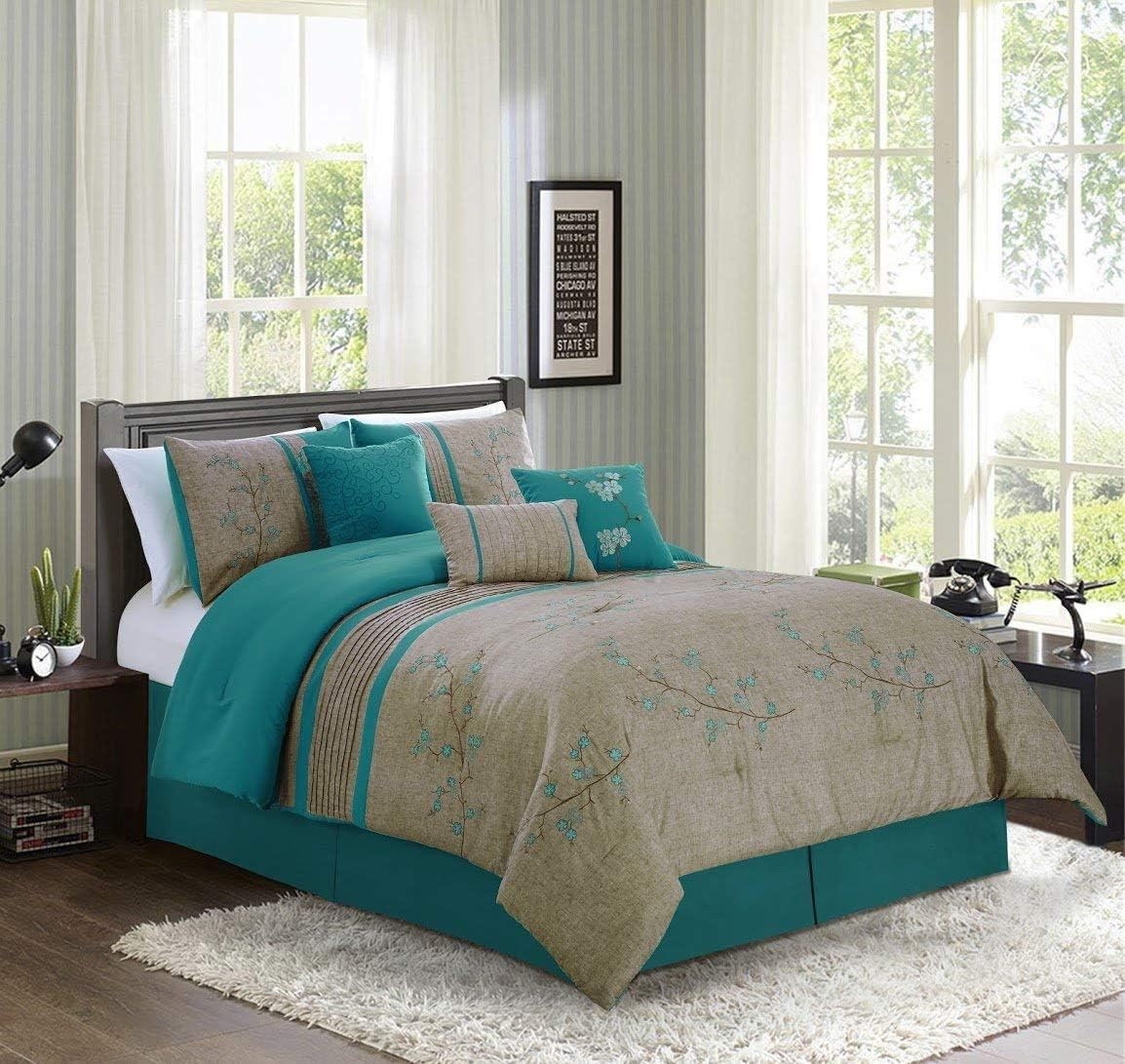 Chezmoi Collection Noriko Luxury 7-Piece Teal Cherry Blossoms Floral Embroidery Bedding Comforter Set, King