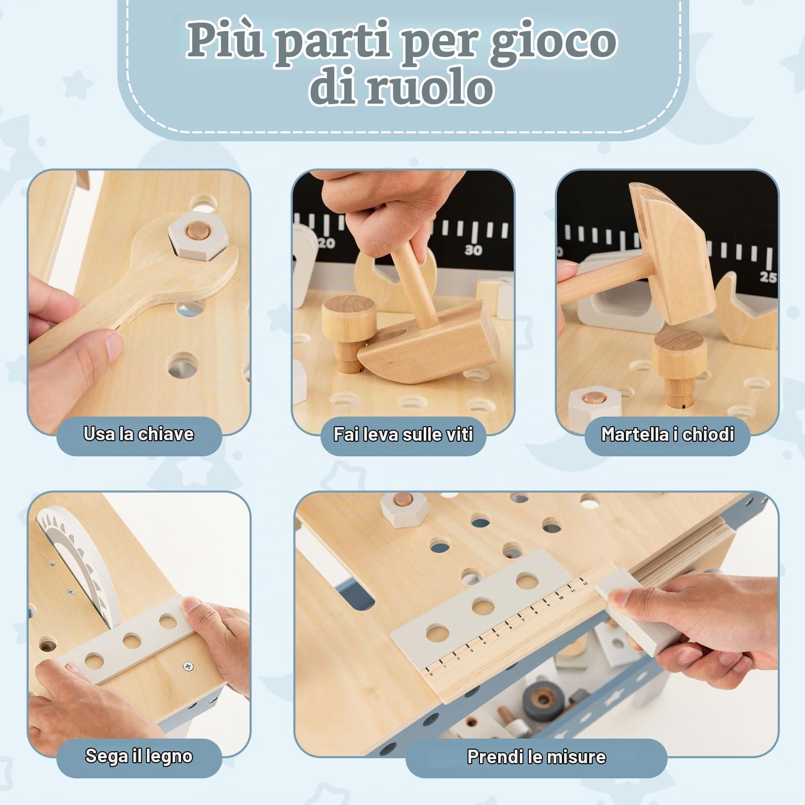 RELAX4LIFE Banco da Lavoro per Bambini, Banco degli Attrezzi in Legno con Lavagna, 61 Attrezzi e Parti, Mini-Lavoratori, Giochi Costruzione Educativi per Bambini 3 4 5 6 Anni