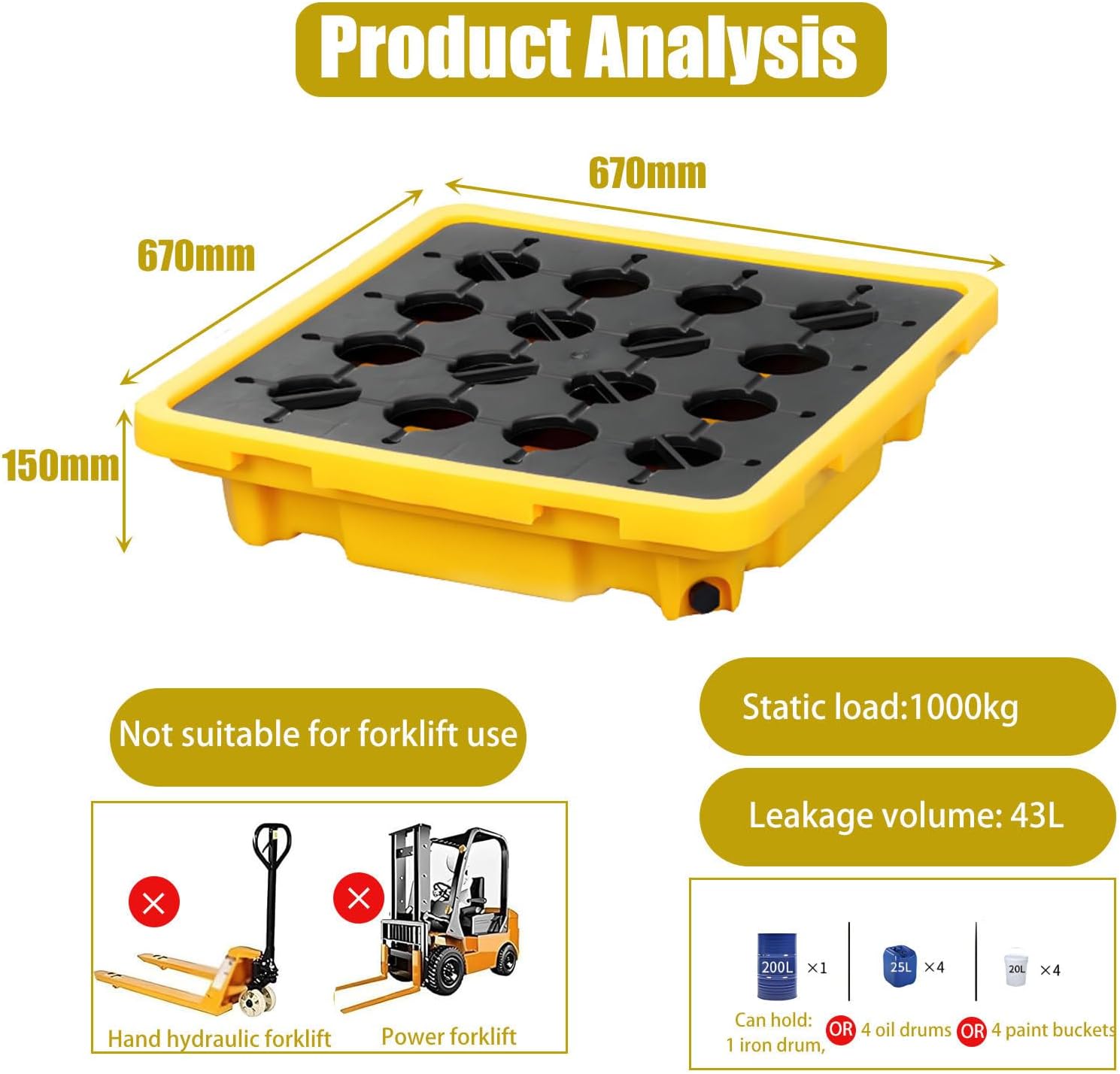 Spill Containment Platform，Yellow and Black Spill Containment Pallet ，Drum Spill Containment Platform， for Industrial Parks ，Warehouses Factory 670 * 670 * 150mm