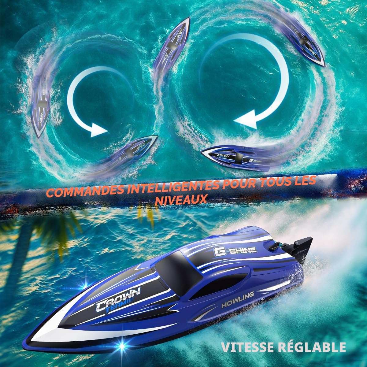 Bateau télécommandé RC 35 km/h étanche 2,4 GHz avec LED et fonction retournement,refroidissement par eau, double batterie, alarme de portée et de batterie, idéal pour enfants et adultes,piscine et lac