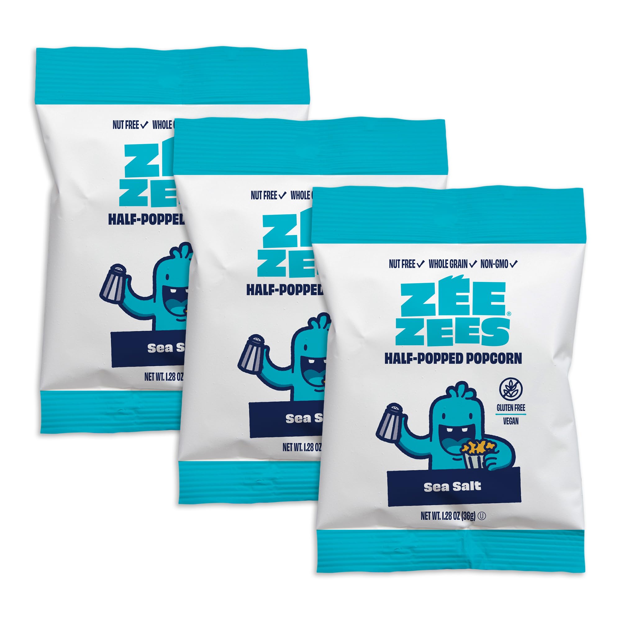 Zee Zees Sea Salt Half-Popped Popcorn, 1.28oz, 18 Count, Nut Free, Gluten Free, Vegan, Kosher, Whole Grain, Safe for School, Allergy Friendly, Back to School