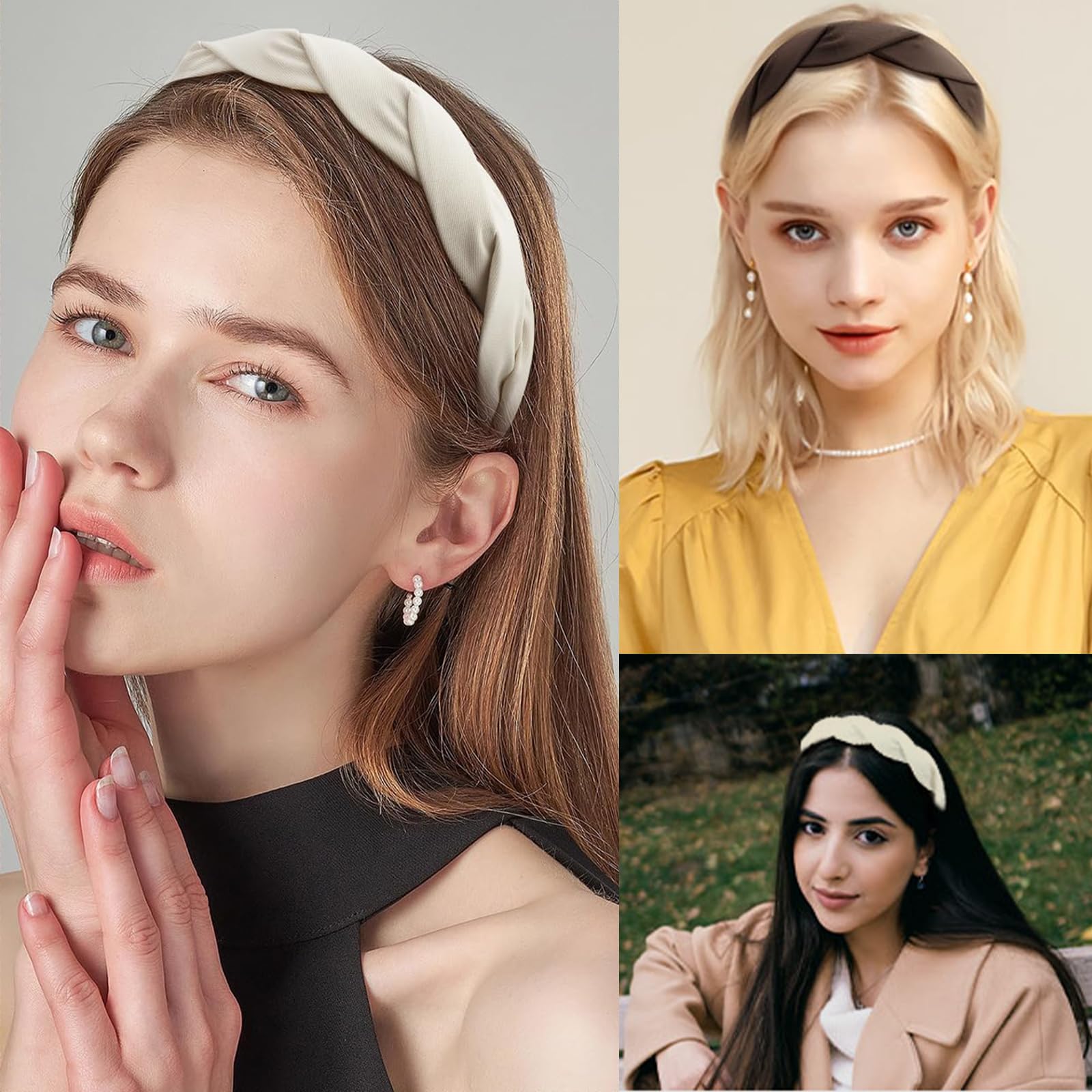 Springtime Set di 4 fasce per capelli alla moda per donne ragazze larghe 3 cm in tessuto rivestito con dente per uso quotidiano nero marrone marrone chiaro grigio