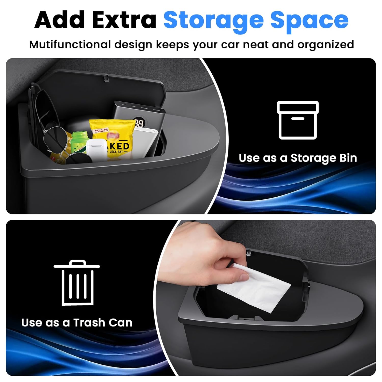 Front Door Trash Can for 2025 2026 New Tesla Model Y Juniper Accessories, Door Side Storage Box Organizer Front Seat Door Garbage Bin with Push-Open Lid, Hidden Storage Organizer Black 2PCS