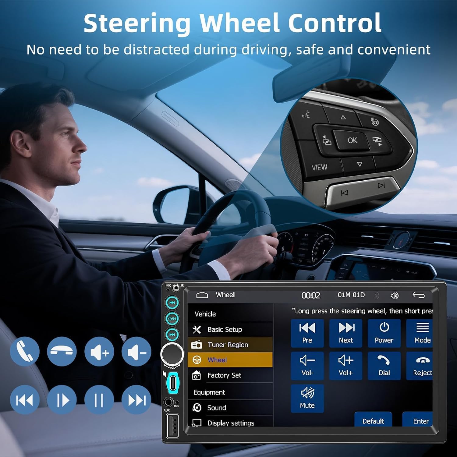 7" Wired Double Din Car Stereo Radio with A-pple Carplay & Android Auto, Double Din Radio Support Bluetooth, SWC, FM, Mirror Link, Type-C, HD Touchscreen, Aux Input Car Audio Receivers